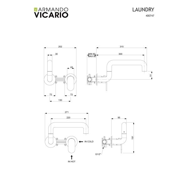Μπαταρία Κουζίνας Τοίχου Armando Vicario Laundry 400747-100 Chrome