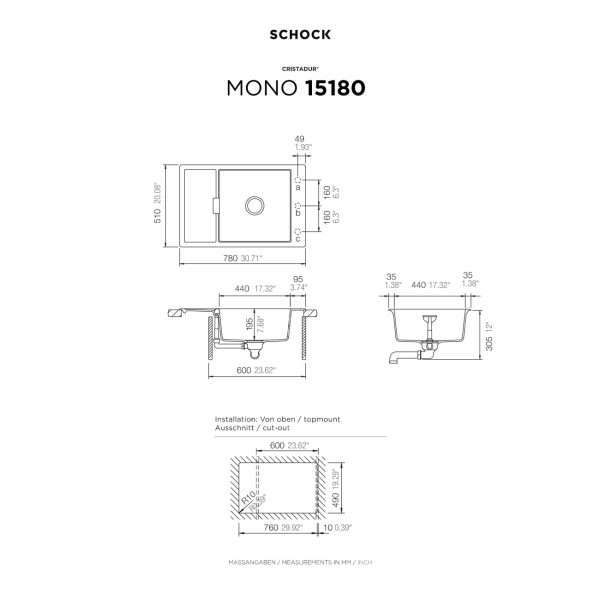Νεροχύτης Κουζίνας Schock Cristadur Mono 15180-1402 Puro 78x51cm