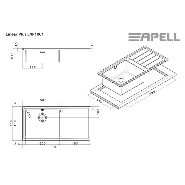 Νεροχύτης Κουζίνας Apell Linear Plus LNP1001R-110 Ένθετος Ανοξείδωτος Σατινέ Λείος Με Δεξιά Ποδιά 100x50cm