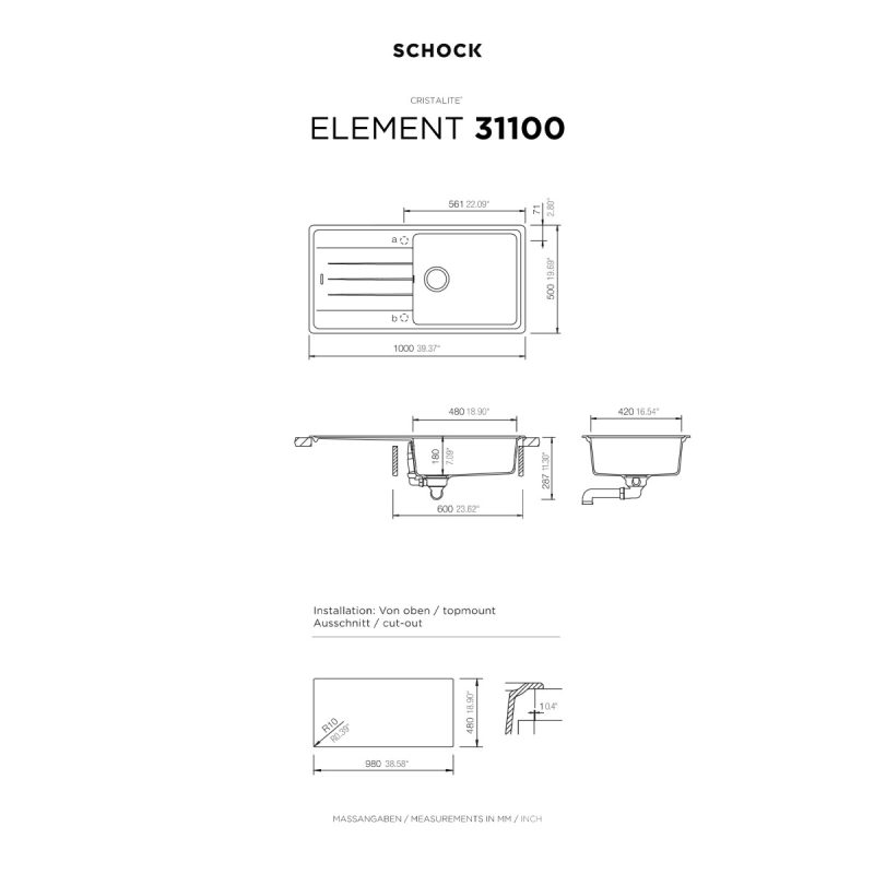 Νεροχύτης Κουζίνας Schock Cristalite Element 31100-1401 Nero 100x50cm